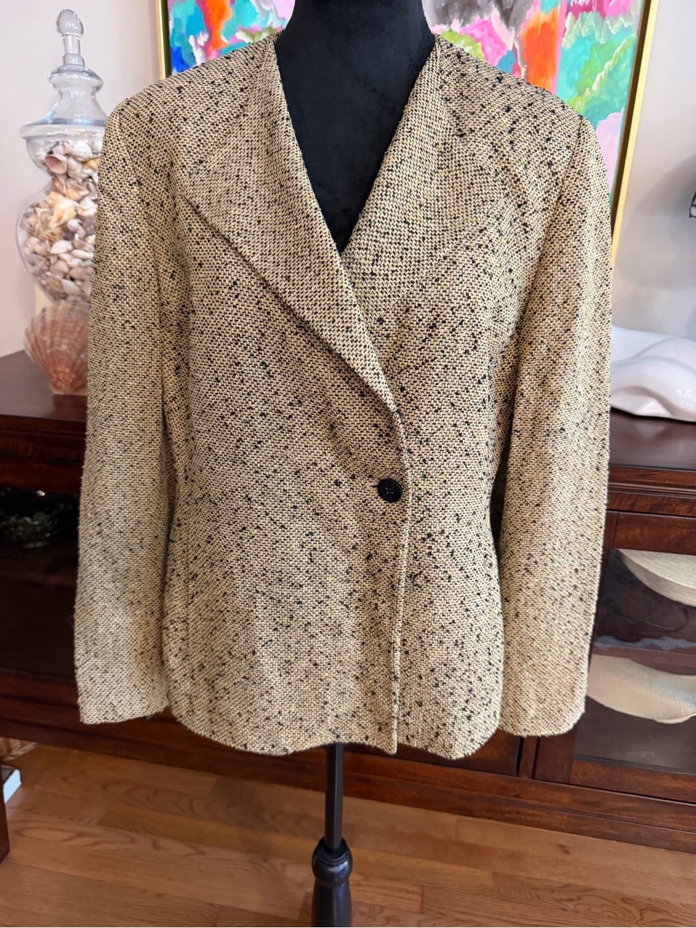 Kasper size 12 petite beige black one button classic collarless blazer women’s